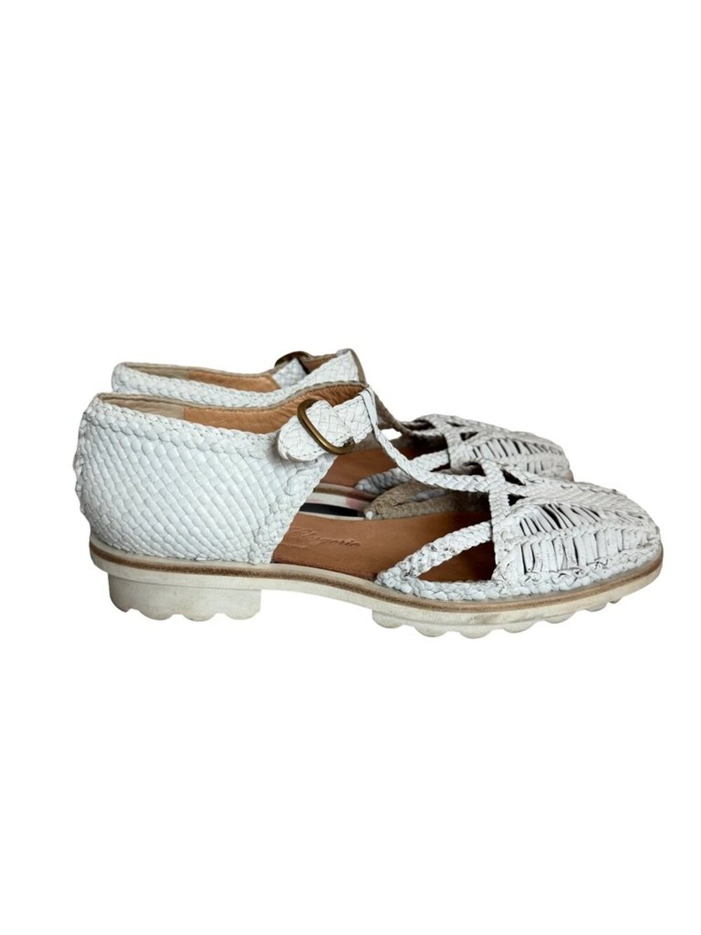 Robert Clergerie White Woven Leather T Strap Buckle Sandals Toe Size 6.5 Women's
